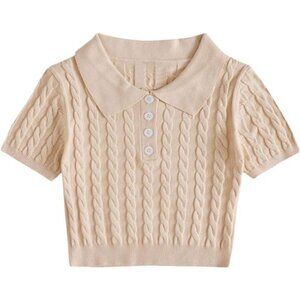 Button Front Short Sleeve Knit Crop Top